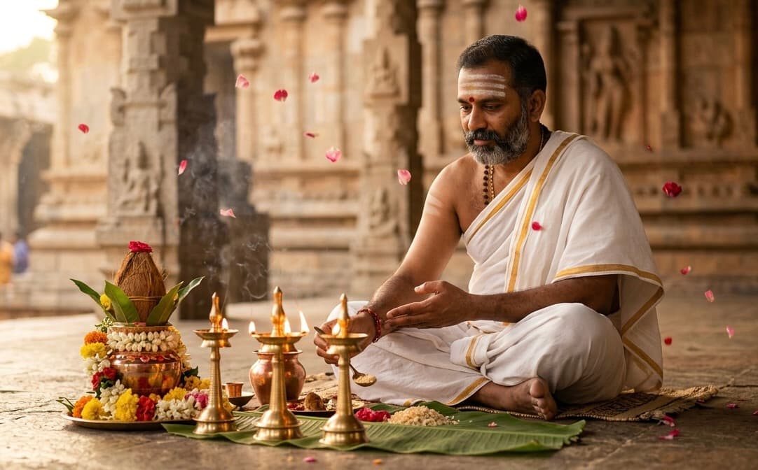 Verified pandit performing a Hindu festival puja ceremony